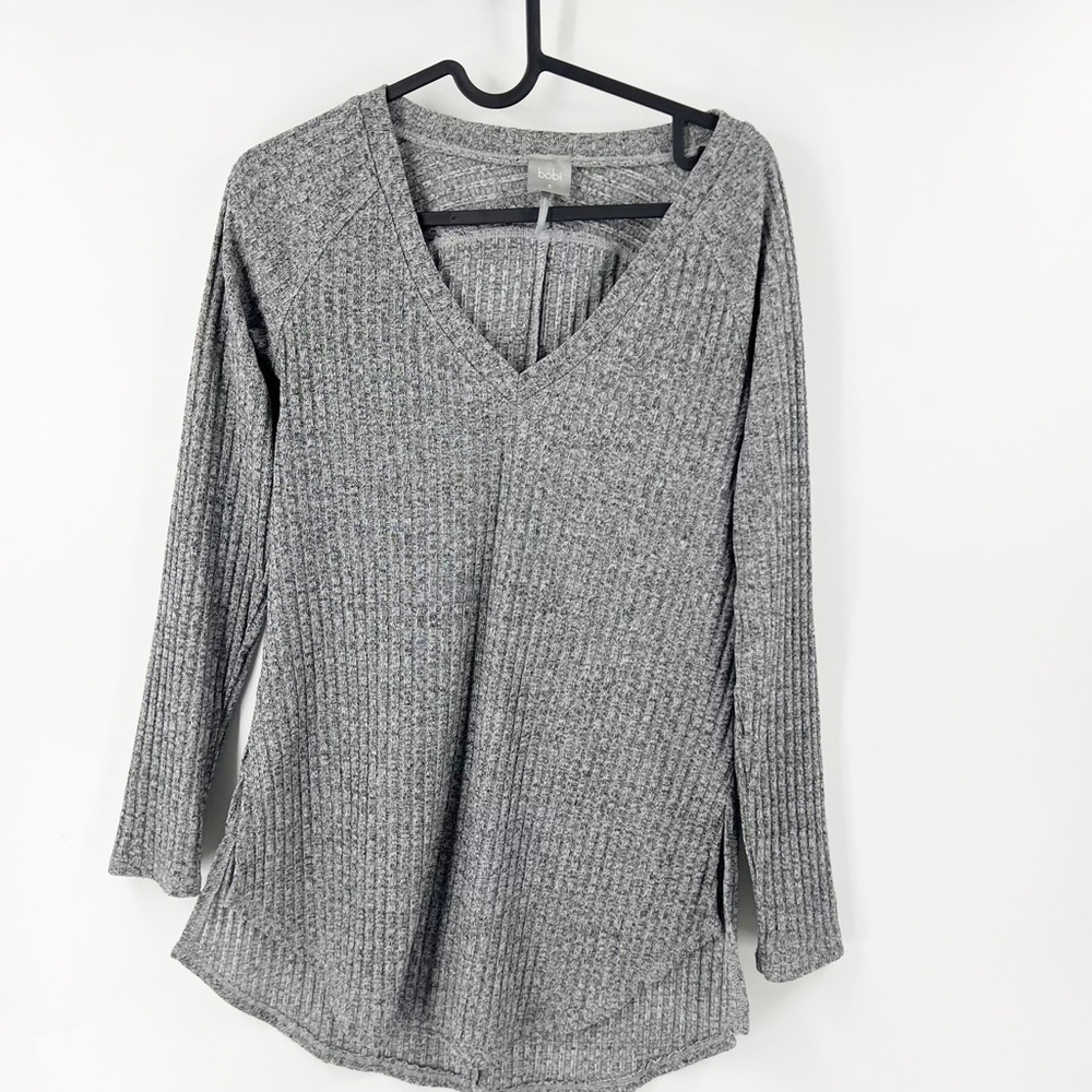 ✅ BOBI Heathered‎ GREY Rib V-Neck Long Sleeve TUNIC SIZE SMALL